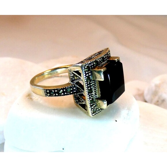 Vintage Marcasite Black Onyx Sterling Silver Ring Sz 6.75 - Picture 5 of 9